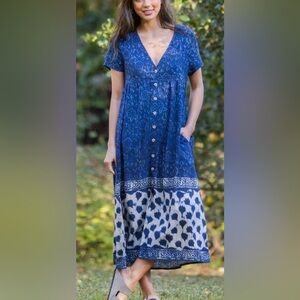 Natural Life Blue Button-Front Midi Dress Women’s M Short Sleeve Boho
